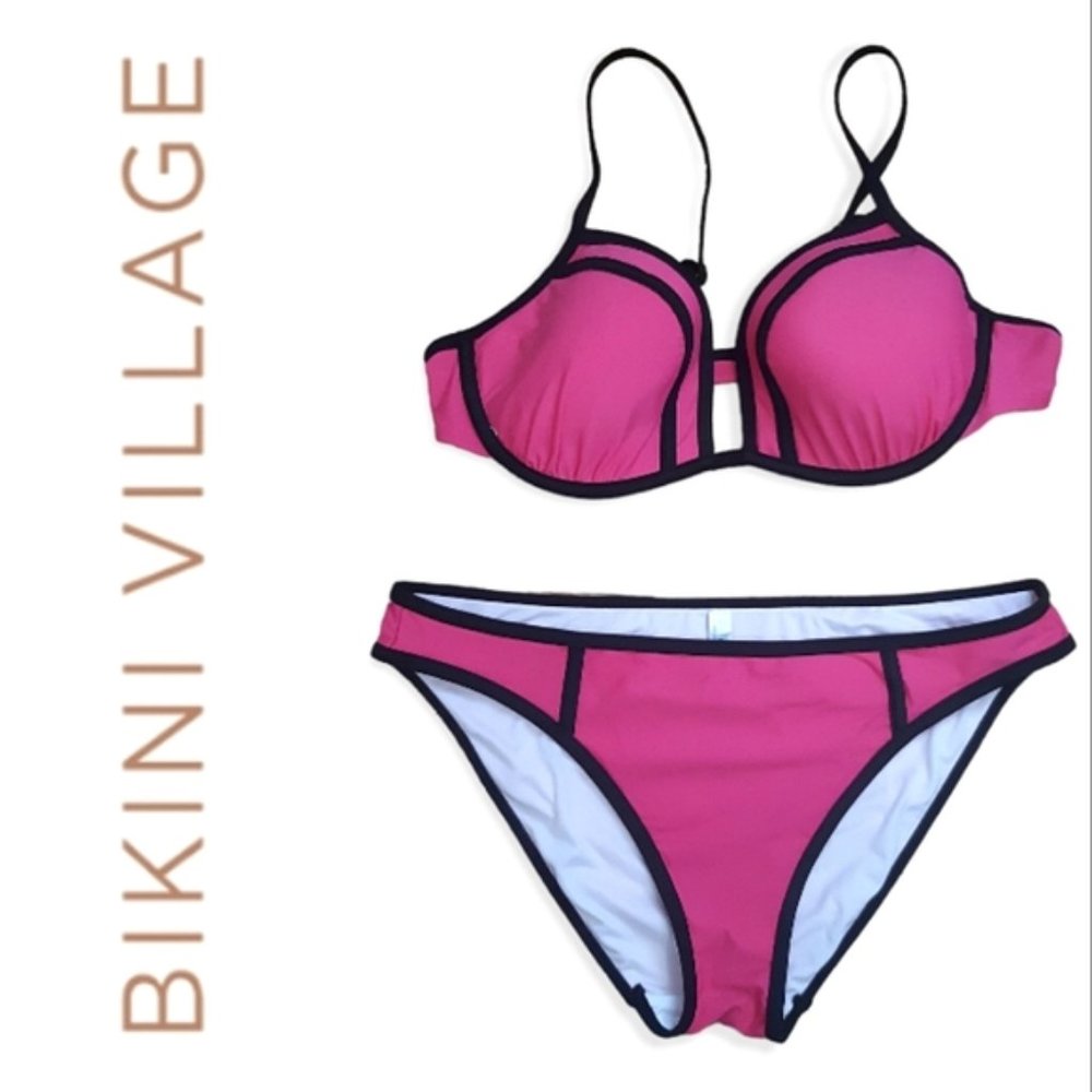 Bikini Village pink and black contour lightly padded underwire bikini large